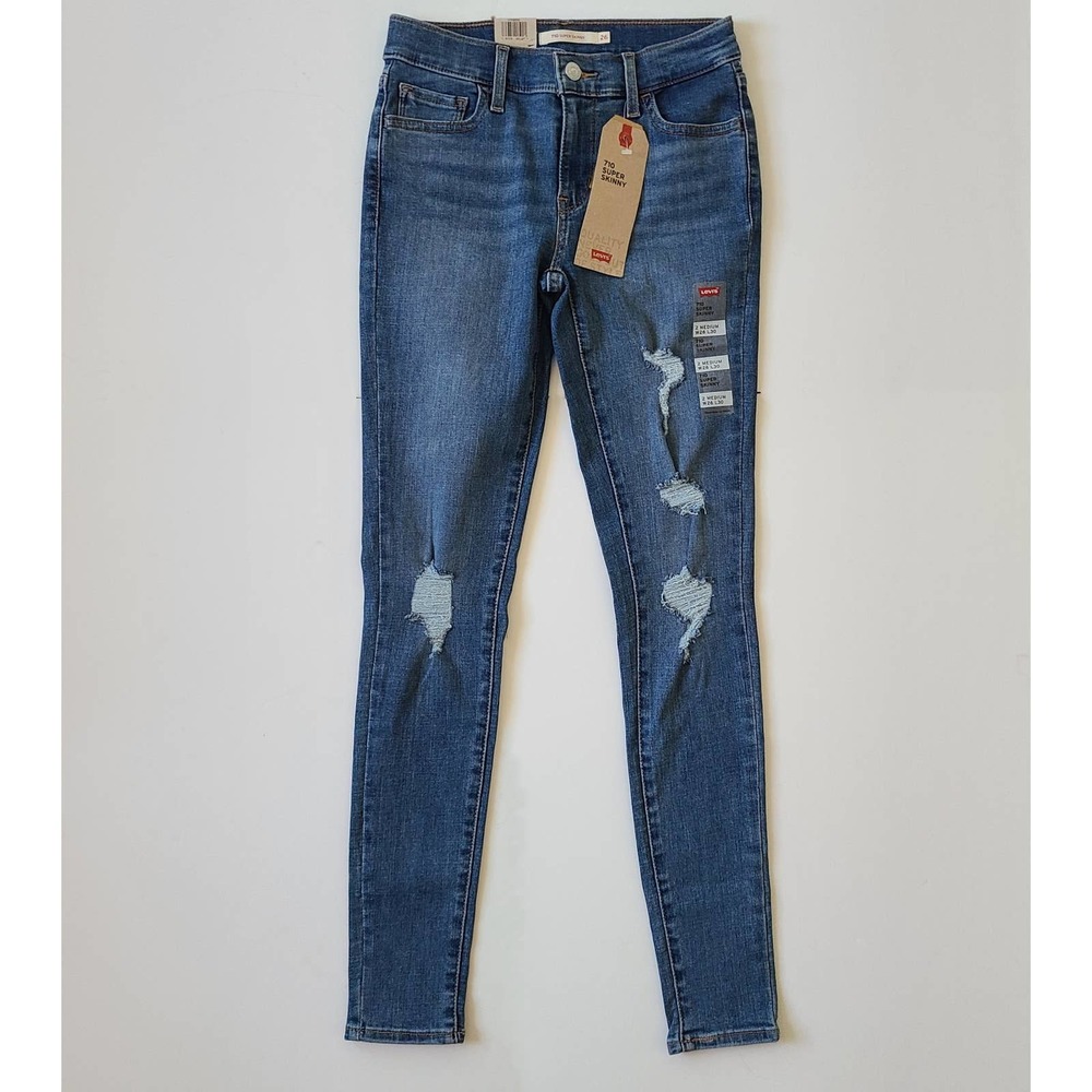 Levis Women's 710 Super Skinny Mid Rise Distressed Jeans Medium Wash Size 26